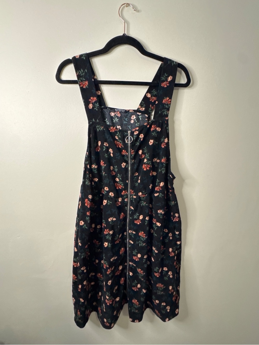 BloomChic Black Mini Pinafore Dress with Pink Floral Print